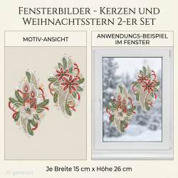 Festliche Fensterbilder mit Kerzen und Weihnachtssternen im 2er-Set als winterliche Heimtextilien.