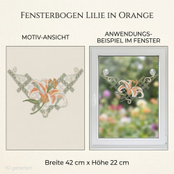 Orangeroter Fensterbogen mit Lilien-Motiv und Karomuster am Fenster für frühlingshafte Heimtextilien.