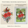 Prächtiger Mohnblumenstrauß als transparentes Fensterbild mit Schmetterling im Fenster.