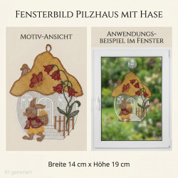 Detailreiches Fensterbild mit Pilzhaus und Hase im Fenster als frühlingshafte Heimtextilien.