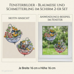 Bunte Schirm-Fensterbilder mit Blaumeise und Schmetterling im 2er-Set als Heimtextilien.