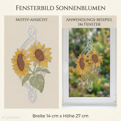 Gelbe Sonnenblumen als transparentes Heimtextilien-Fensterbild mit filigraner Spitze am Fenster.