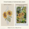 Gelbe Sonnenblumen als transparentes Heimtextilien-Fensterbild mit filigraner Spitze am Fenster.