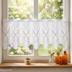 Halbtransparente Scheibengardine in Weiß mit brauner Stickerei am frühlingshaft dekorierten Fenster. 35 cm hoch