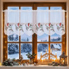 Weisse Heimtextilien-Scheibengardine mit Vögeln und Zapfen an weihnachtlich dekoriertem Fenster. 35 cm hoch
