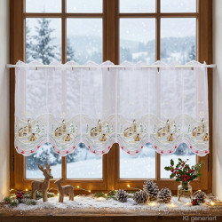 Weisse Heimtextilien-Scheibengardine mit Winteridylle-Motiv am festlich dekorierten Fenster. 35 cm hoch