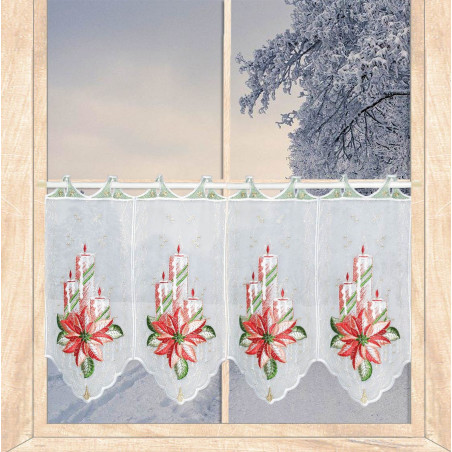 Weiße Kurzgardine mit rot-weißen Kerzen und Weihnachtssternen aus Plauener Spitze, ideal als Heimtextilien im Winter.