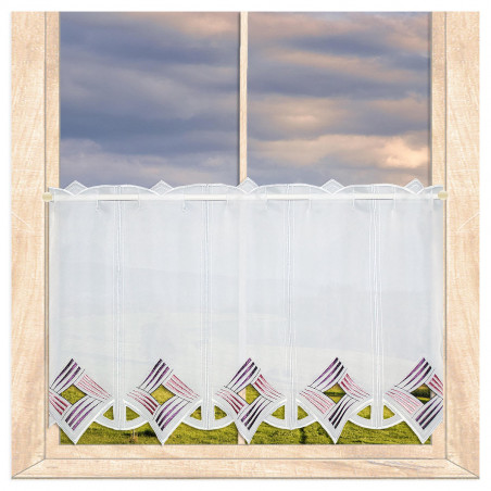 Weiße Scheibengardine mit farbiger Ornament-Stickerei, elegante Heimtextilien für das Fenster.