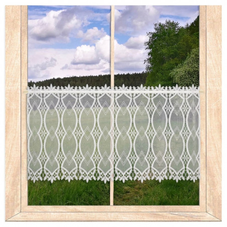 Transparente cremeweiße Scheibengardine mit  Ornament-Stickerei, elegante Heimtextilien für das Fenster.
