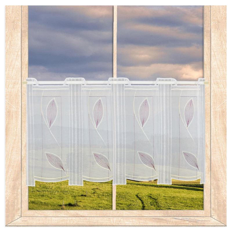 Transparente weiße Kurzgardine mit Blättermotiv und Schlaufen, elegante Heimtextilien für das Fenster.