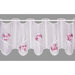 Transparente weiße Kurzgardine mit zarten rosa Blumenkugeln, elegante Heimtextilien.