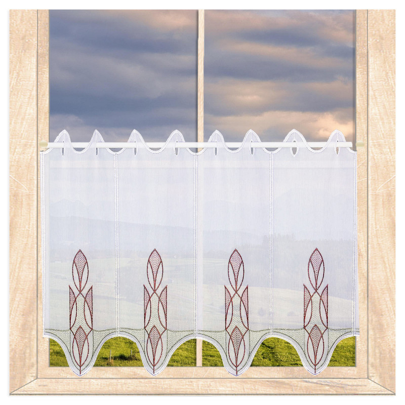 Weiße Kurzgardine mit Stickereimotiv, elegante Heimtextilien für das Fenster.