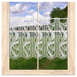 Elegante Plauener Spitze Kurzgardine mit geschwungenem Design, ideal als Fensterschmuck.