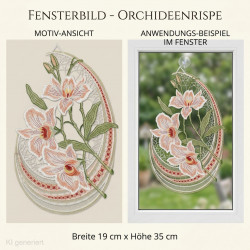 Plauener Spitze Fensterbild mit filigranen Orchideenrispen in Rosa und Grün, am Fenster hängend.