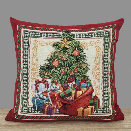 Festliche Gobelin-Kissenhülle mit Christbaum, Geschenkesack und vielen Päckchen.