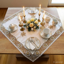 Elegante Tischdeko im Esszimmer mit gold-bestickter Mitteldecke, Kaffeeservice und festlichem Gesteck.