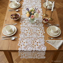 Festliche Tischdekoration im Esszimmer mit weißem Spitzen-Tischläufer, Kaffeeservice und Kerzenständern.