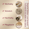 Infografik zu Vorteilen edler Spitzen-Tischwäsche: werthaltig, wohnlich, nachhaltig und pflegeleicht.