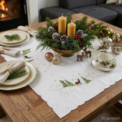 Quadratische Mitteldecke mit Winterhirsch-Motiv, Adventsgesteck und Kerzen auf Holztisch inszeniert.