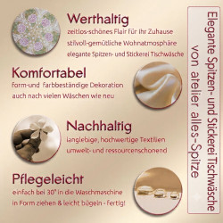 Infografik zu Vorteilen edler Spitzen-Tischwäsche: werthaltig, wohnlich, nachhaltig und pflegeleicht.