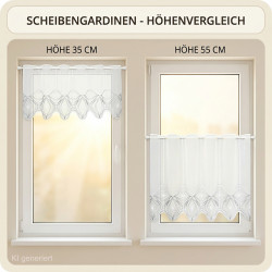 Grafik mit Höhenvergleich für halbtransparente Scheibengardinen in 35 cm und 55 cm Höhe am Fenster.