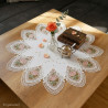 Runder Deckchen-Traum aus Spitze stilvoll dekoriert auf dem Holztisch mit Rose und Vintage-Accessoires.