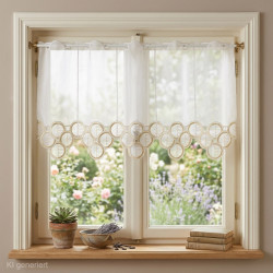 Halbtransparente Scheibengardine mit beiger Stickerei am Holzfenster im gemütlichen Raumambiente.