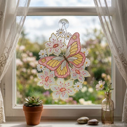 Fensterbild aus Plauener Spitze mit rosa Schmetterling und Blüten am Fenster dekoriert im Raumambiente.