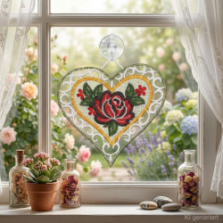 Fensterbild aus Plauener Spitze mit rosa Seerosen am Fenster dekoriert im Raumambiente.