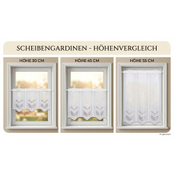 Grafik zum Höhenvergleich für Scheibengardinen in 30 cm, 45 cm und 55 cm Höhe am Fenster.