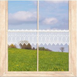 Halbtransparente Scheibengardine in Weiß mit feinem Rautenmuster aus Plauener Spitze vor sommerlicher Wiesenlandschaft. 18 cm Höhe