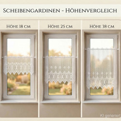 Infografik zum Höhenvergleich weißer Scheibengardinen aus Plauener Spitze in den Höhen 18 cm, 25 cm und 38 cm.