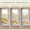 Infografik zum Höhenvergleich weißer Scheibengardinen aus Plauener Spitze in den Höhen 18 cm, 25 cm und 38 cm.