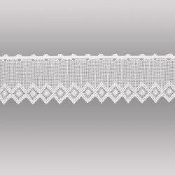 Detailansicht einer weißen, halbtransparenten Scheibengardine mit filigranem Häkelspitzen-Muster, Heimtextilien mit edler Bogenkante. 18 cm hoch