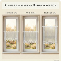 Höhenvergleich für Scheibengardinen in 18 cm, 25 cm und 38 cm an drei Fenstern, informative Heimtextilien Produktübersicht.