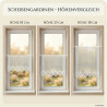 Höhenvergleich für Scheibengardinen in 18 cm, 25 cm und 38 cm an drei Fenstern, informative Heimtextilien Produktübersicht.