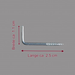 Silberner Schraubhaken mit Abmessungen: Länge ca. 2,5 cm und Breite ca. 1,1 cm.